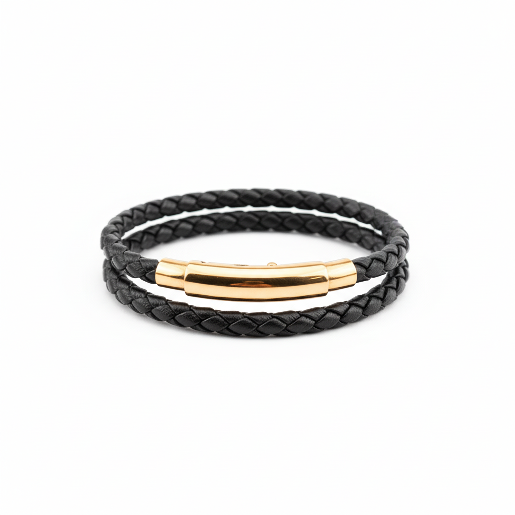 Black leather bracelet with gold curved clasp on white background