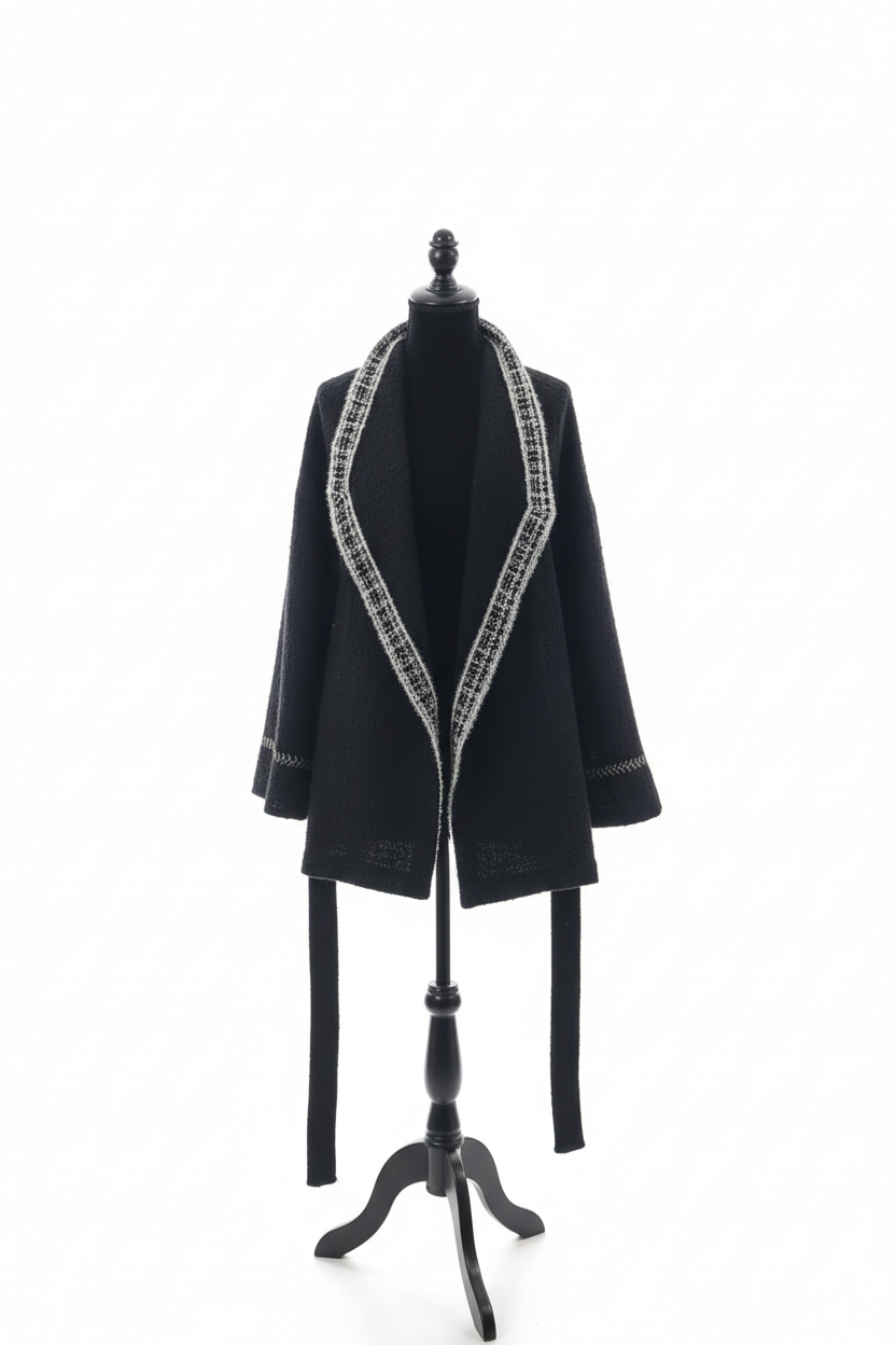 Navy tulle coat with silver embroidered trim