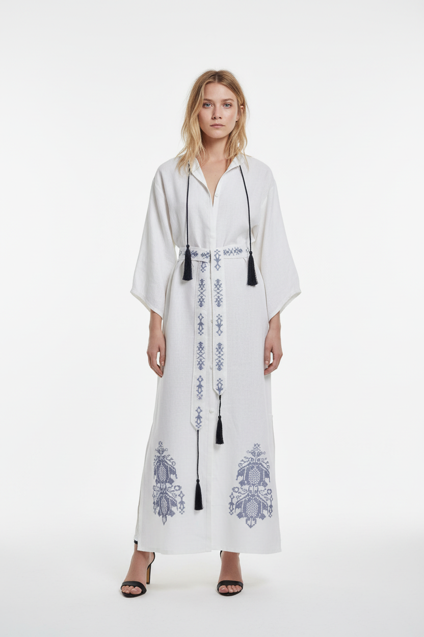 White Embroidered Linen Kaftan