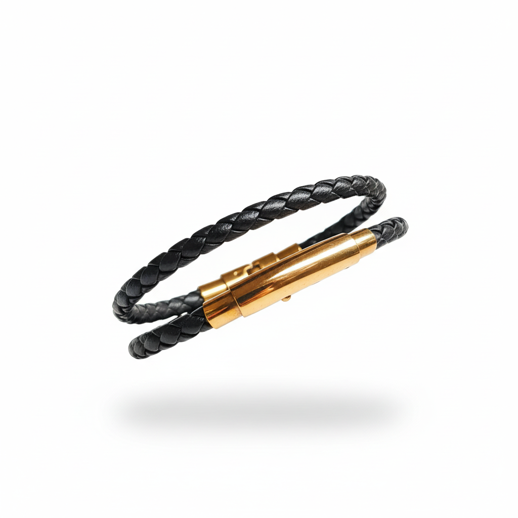 Black Leather Bracelet - Gold Double Wrap