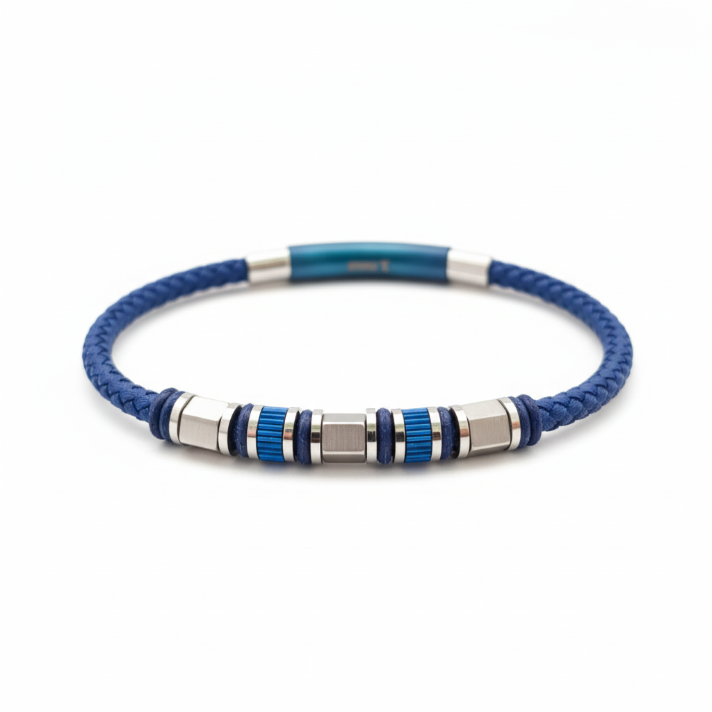 Blue leather bracelet with silver beaded clasp on white background