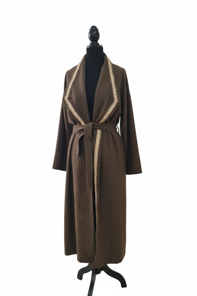 Navy long tulle coat with silver embroidered trim